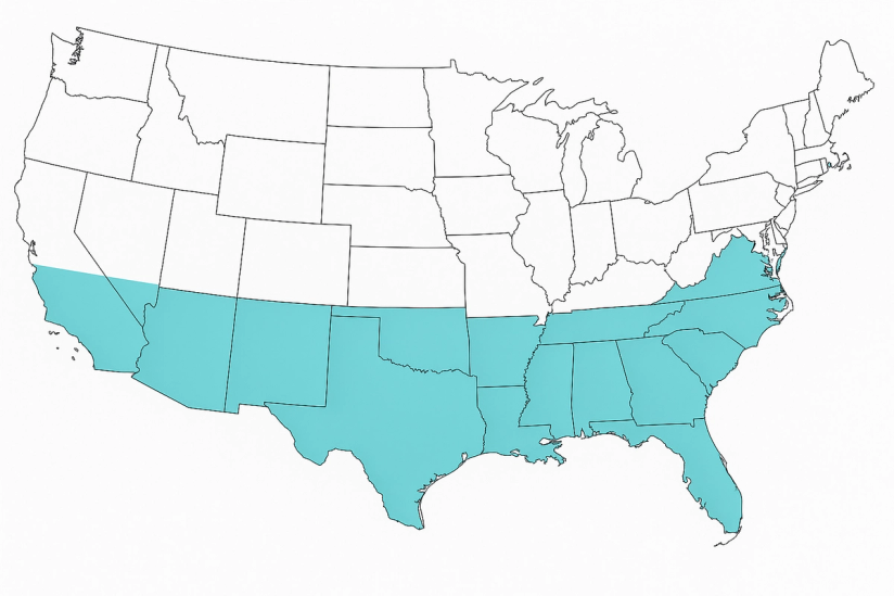 Map of the United States sun belt region
