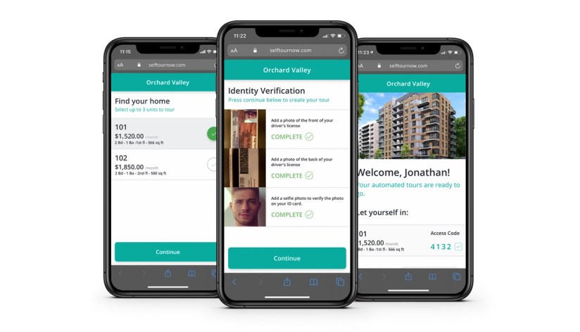 three phones showing SmartRent's web-based Self-Guided Tours experience for prospects