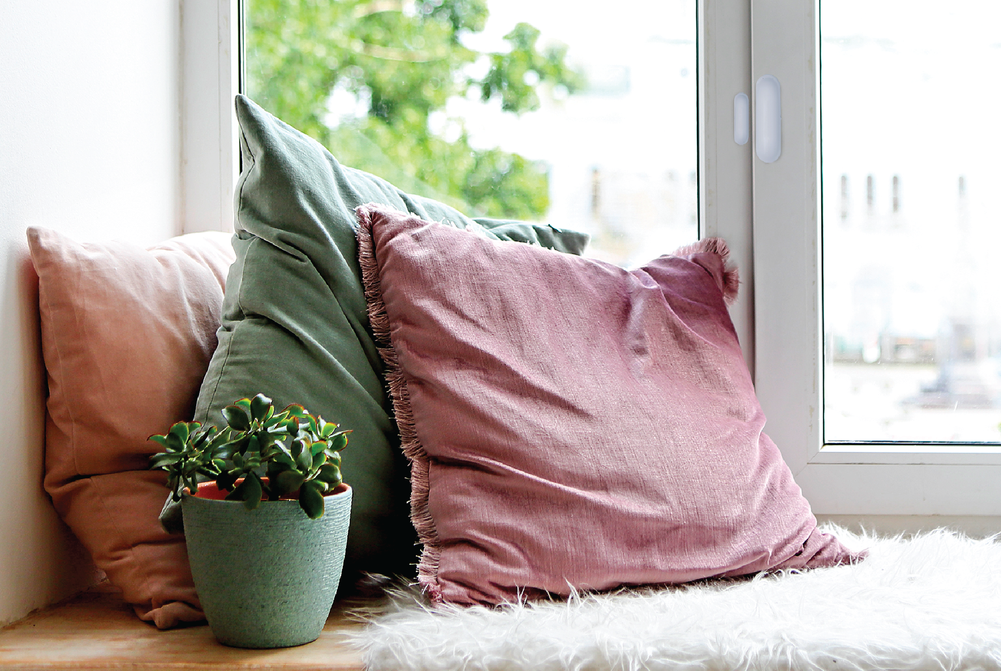 close up of contact sensor mounted on a window with bench and pillows below